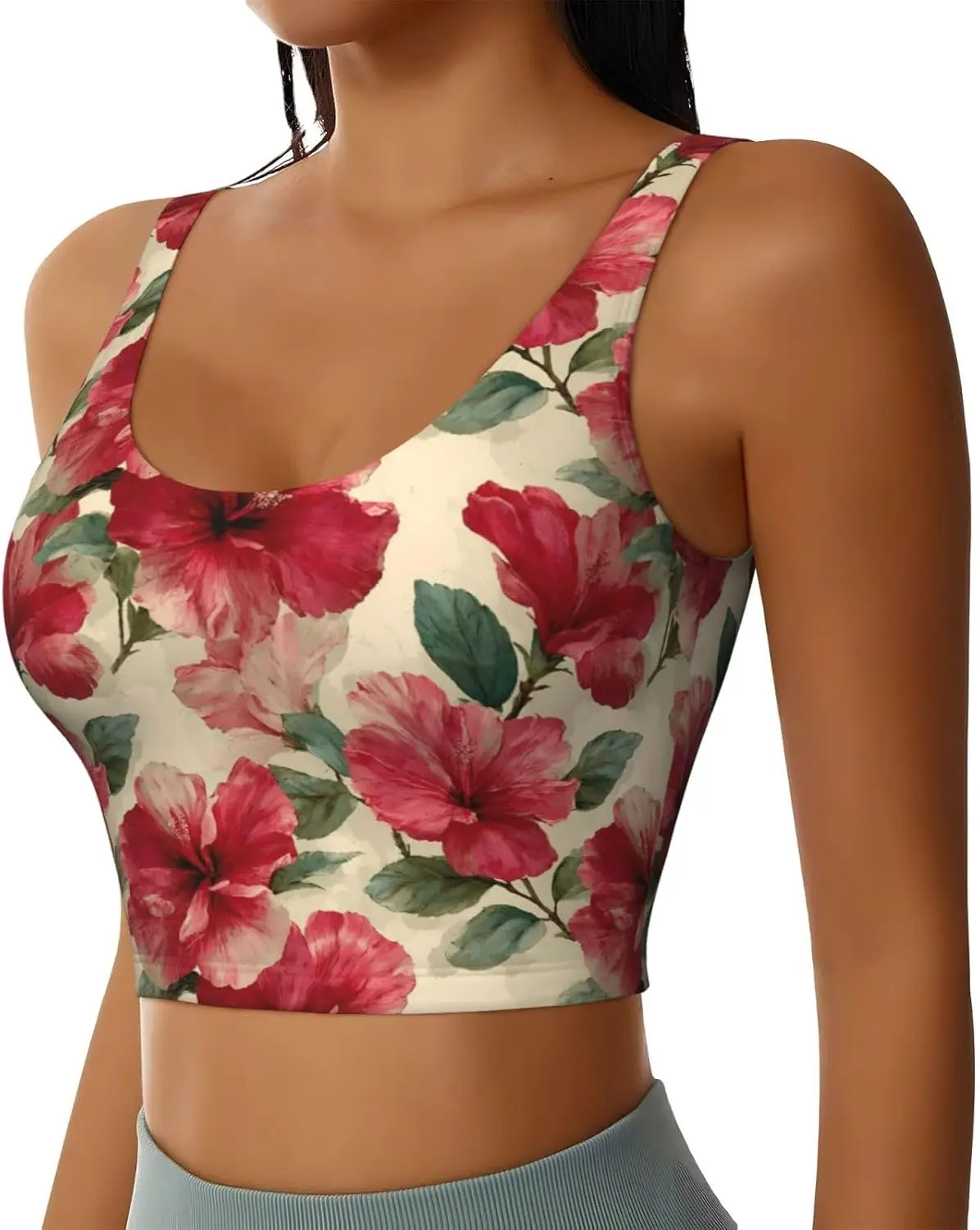Red Hibiscus Flower Hawaii Style Top Sports Bras for Women Yoga Workout Crop Top with Built in Pads Strecth
