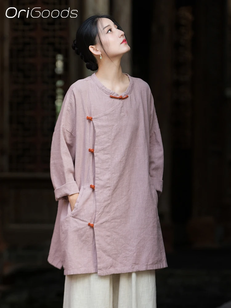 

OriGoods OVERSIZED Blouse Ramie Cotton Long Sleeve Long Shirt Woman 2025 New Chinese Traditional Clothes Zen Top Shirts B334