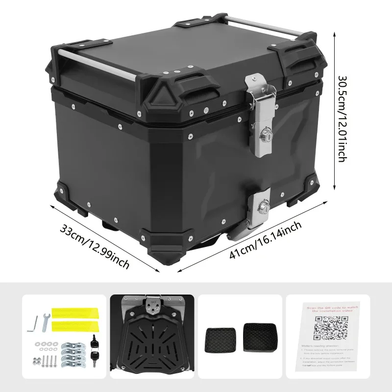 45L/55L/65L Motorbike Tail Box Black Metal Motorcycle Trunk Tail Box Motorcycle Top Case Lockable Luggage Box with 2 Key