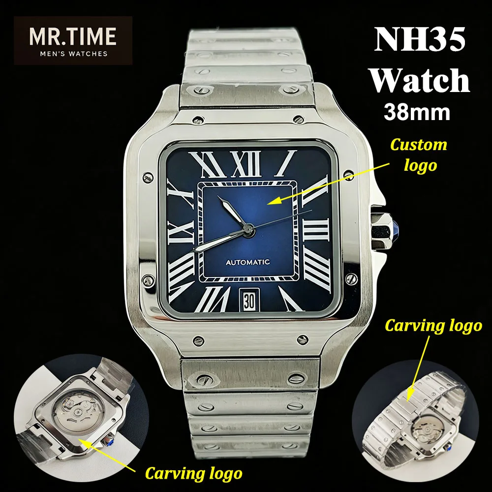 NH35 Square Watch 38mm NH35 Men's High Quality Stainless Steel Watch Customized Logo NH35 Movement Watch Accessories