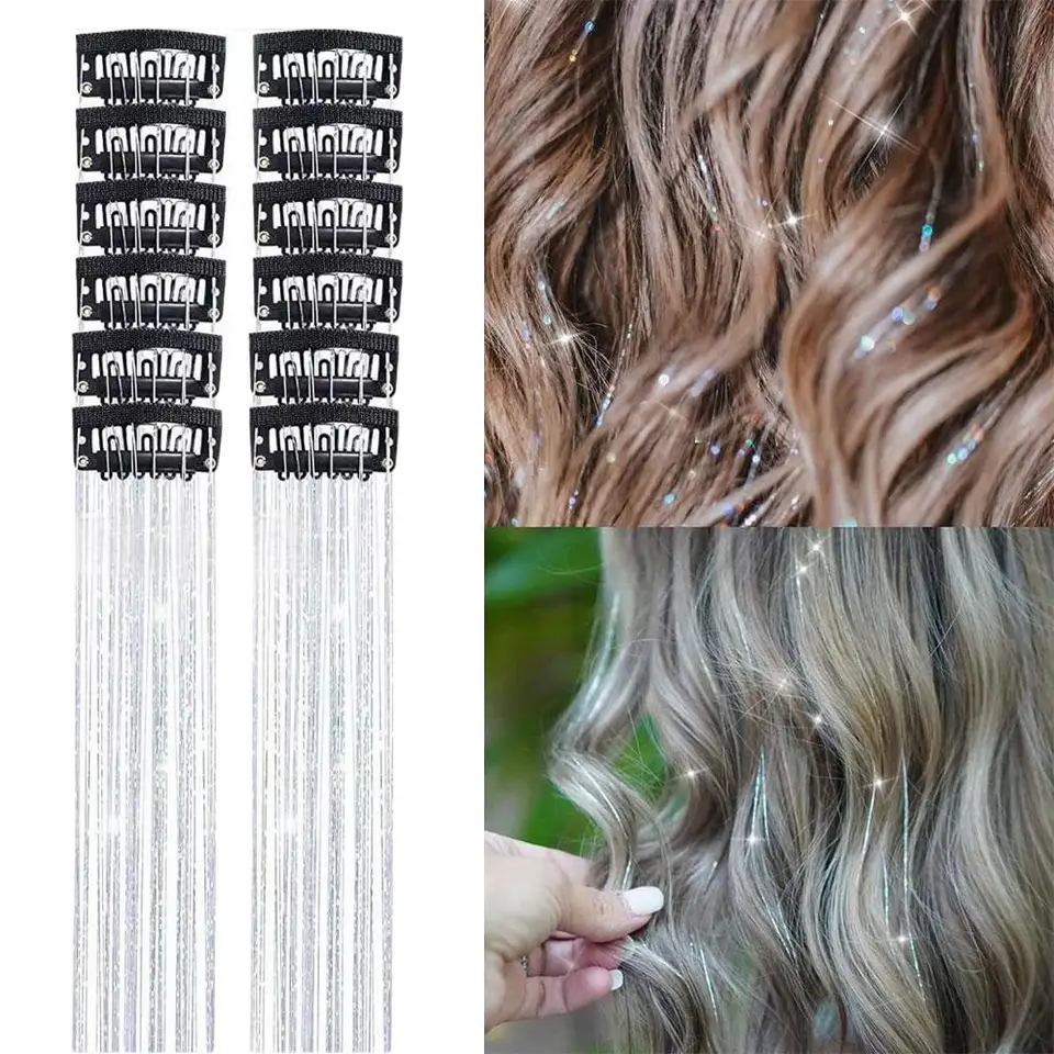 12 piezas tinsel de cabello con clip brillantina extensiones sintéticas para festivales fiestas accesorios 4