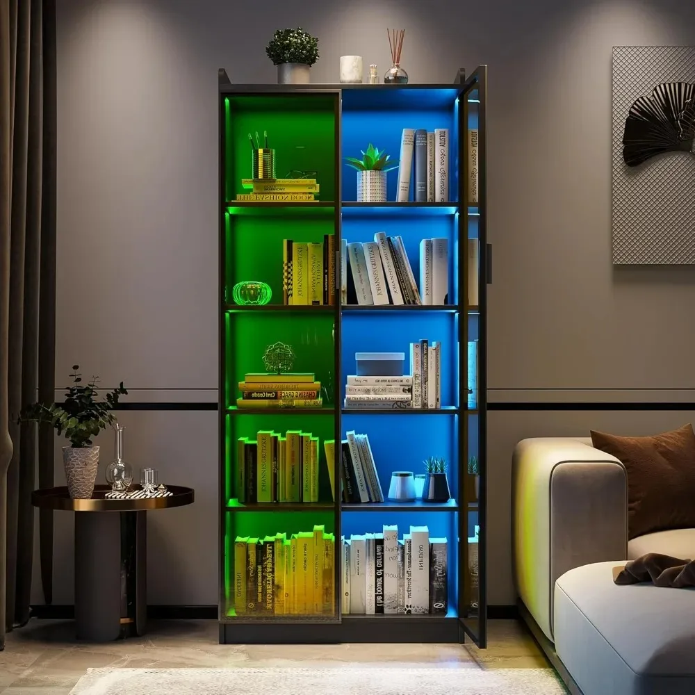 Bookshelf, Tall Storage Cabinet, Pantry Cabinet with Human Body Induction, Bookcase Display Cabinet with Adjustable Shelves