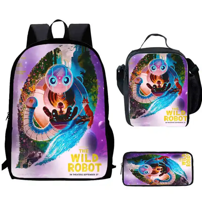 Cartoon Movie W-Wild-R-Robot Child School Backpack With Lunch Bags Pencil Bags For Kindergarten,Best Gift For Boys and Girls