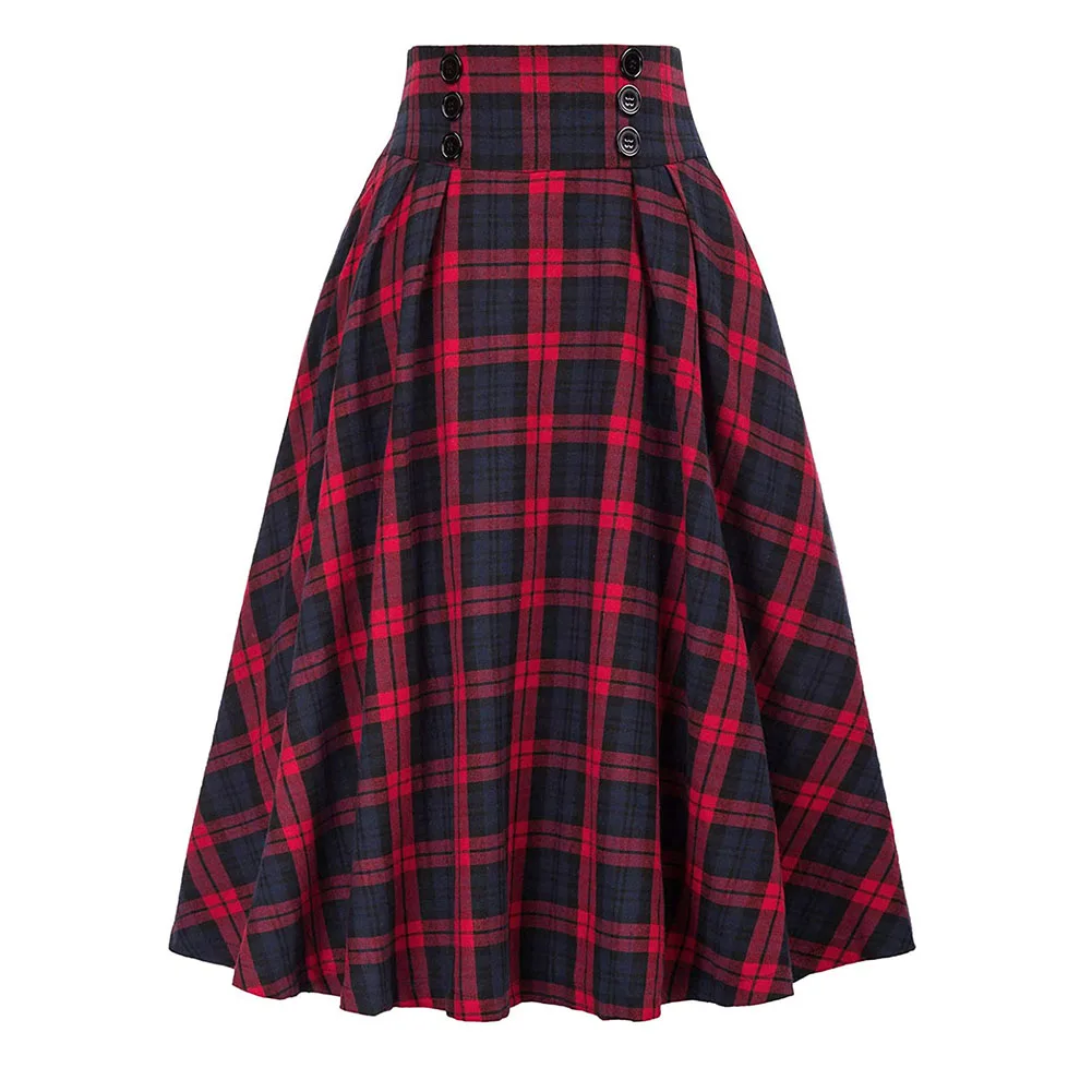 Women Skirt Skirt A Line Skirt Elegant High Waist Ladies Loose Dress Long Skirt Vintage Women Tartan Check Plaid