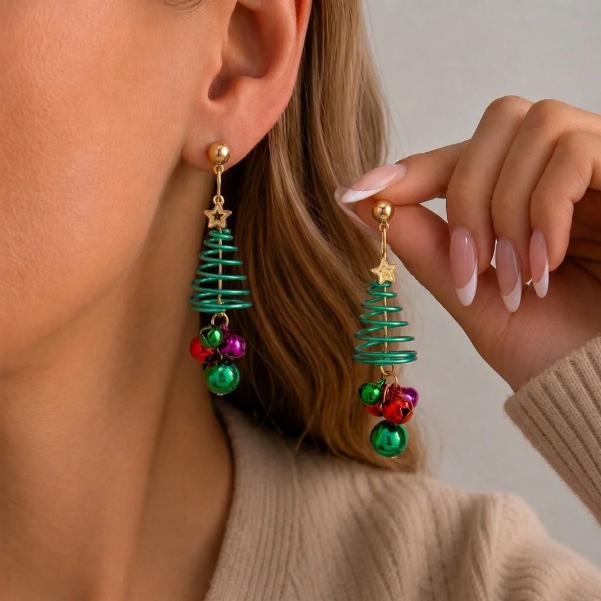 Christmas Metal Spiral Green Tree Bells Tassel Drop Earrings For Women Star Snow Flower Gingerbread Man Dangle Earrings Jewelry