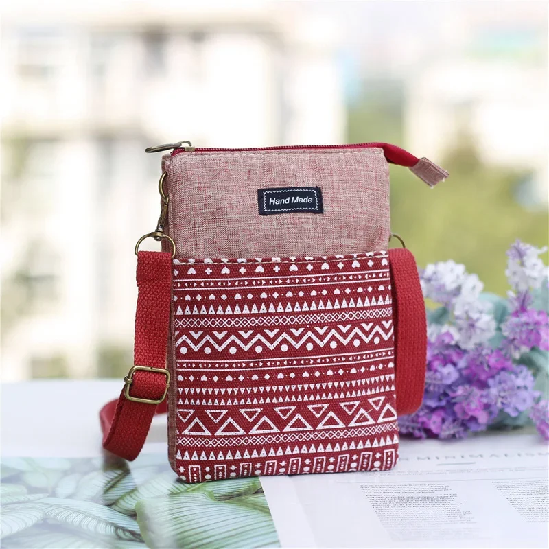 Bolso para teléfono móvil de pantalla grande de estilo étnico para mujer, bolso de hombro femenino de moda multicapa de lona, bolso pequeño para