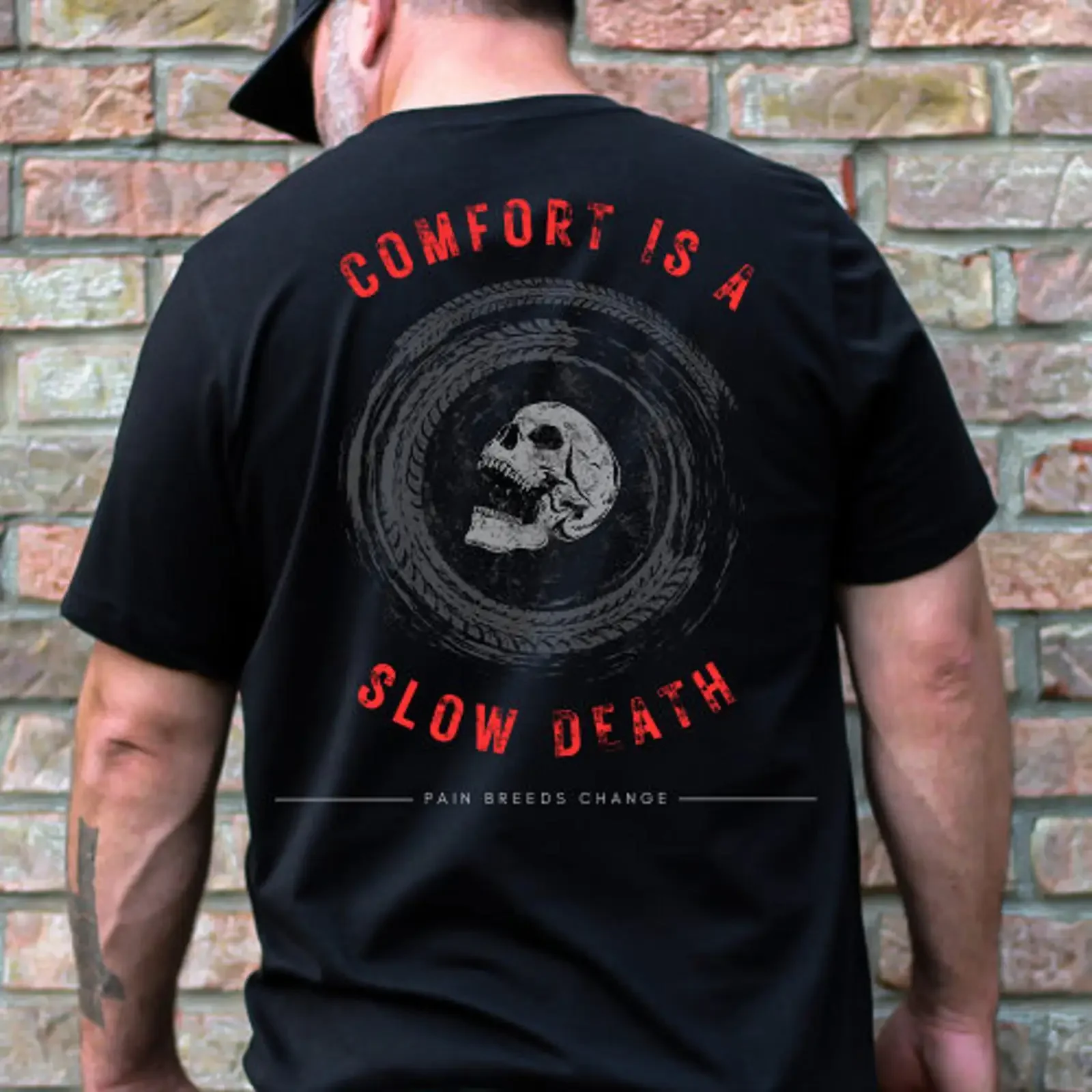 Men's Black Comfort Is A Slow Death Skull Tire Tread Print Motivational Gym T Shirt vintage Washed Unisex Casual Soft graphic