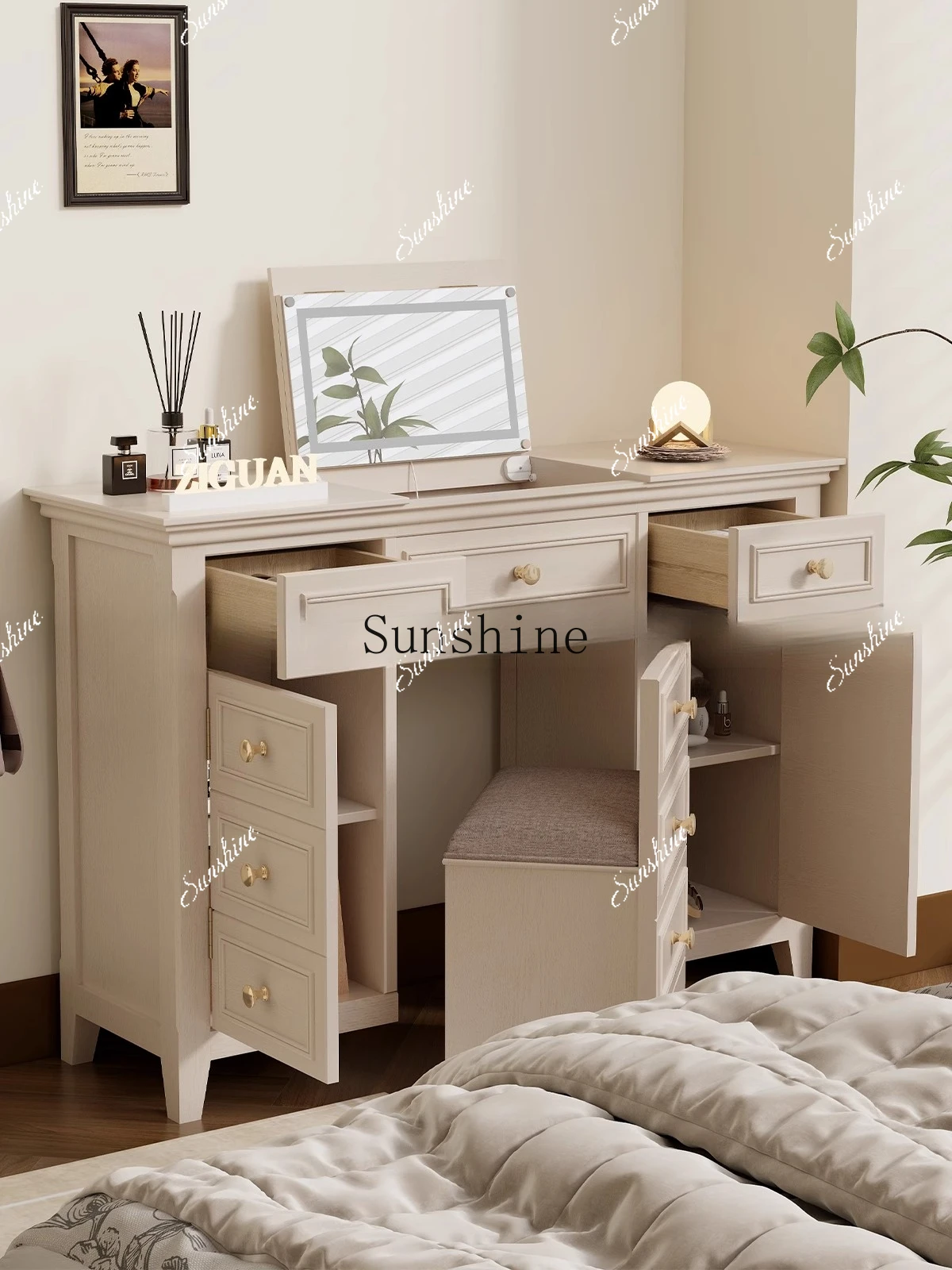 Medieval light luxury makeup table milk coffee color ribbon lamp desk storage cabinet integrated  FT