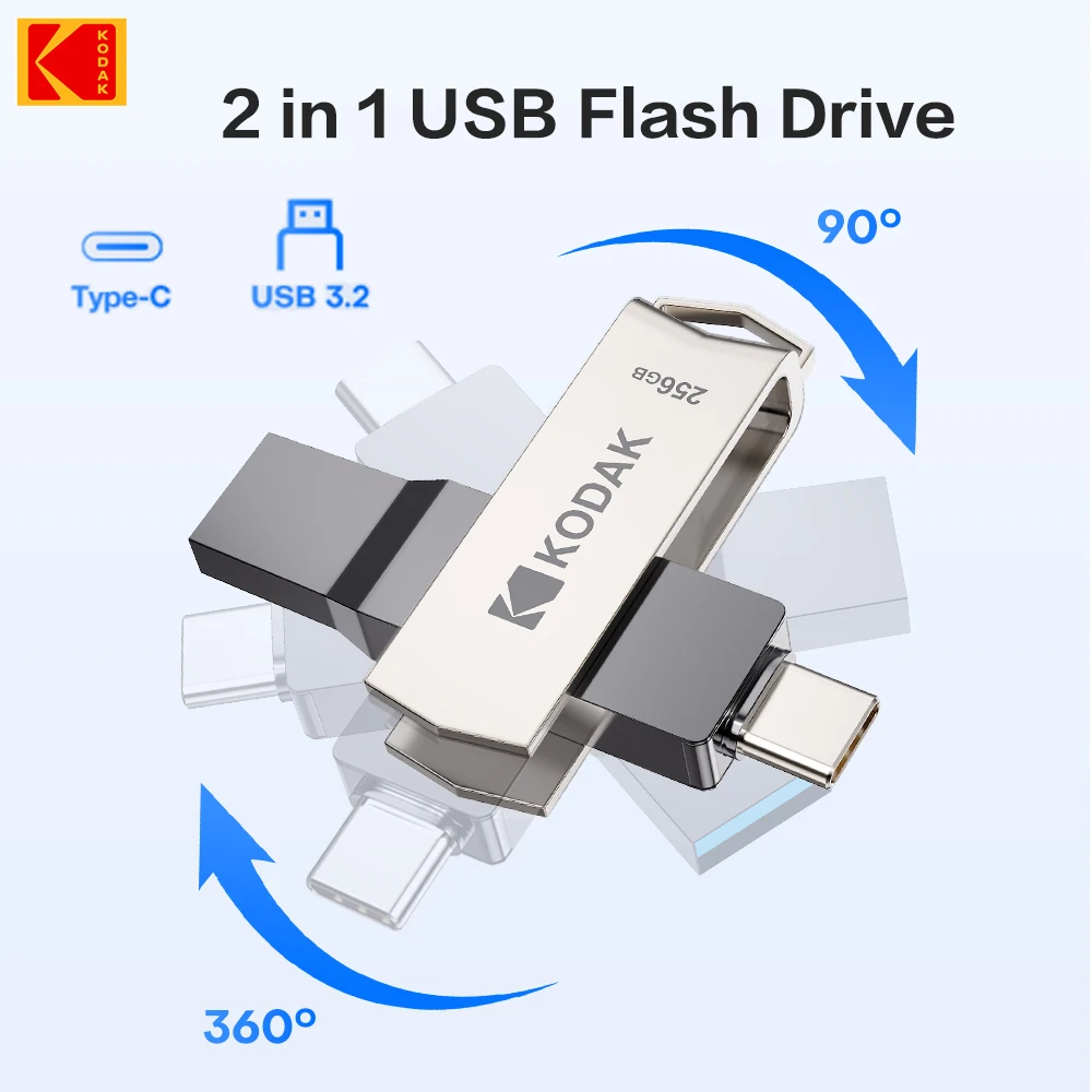 KODAK 256G USB3.2 Type-C 2 IN1 USB Flash Drive for Phone and Computer Original Pen Drive 128GB 64GB Up to 120Mb/s Flash Pendrive