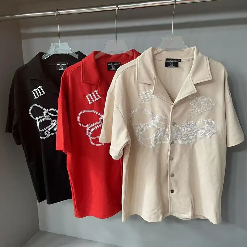 

MIXED EMOTION Embroidery Short Sleeve Waffle fabric Summer Shirts for Men Patchwork Loose Lapel Hawaiian Shirt Oversized
