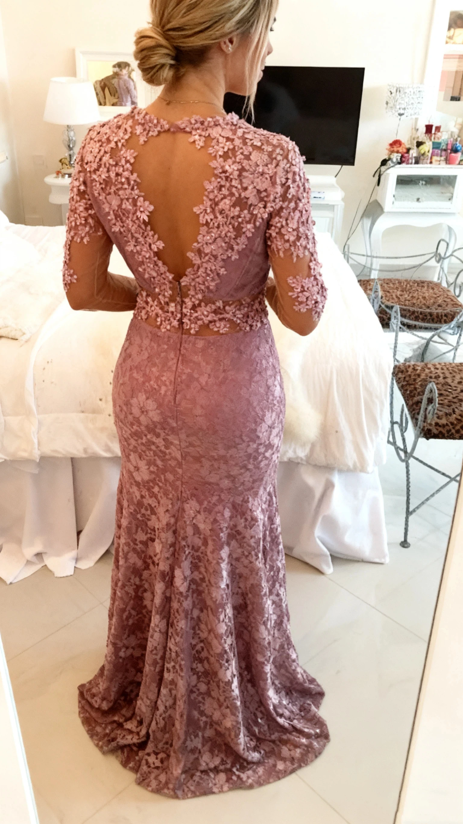 Elegant New Mermaid Pink Women's Party Evening Dress With Pearl Stickers Sexy Transparent V-neck Women's Ball Dress Customized