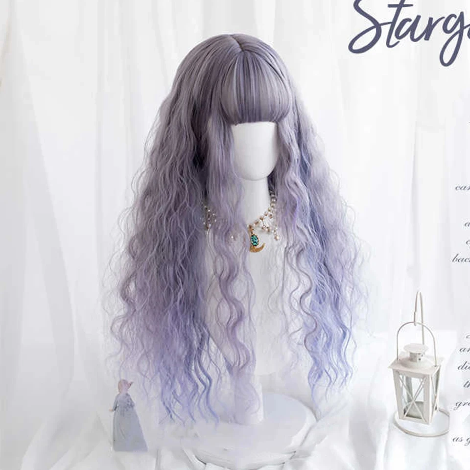 Grey Blue Purple Ombre Synthetic Wigs for Cosplay Long Curly Wavy Layered Wigs with Bangs for Women Heat Resistant Fake Hair image 5