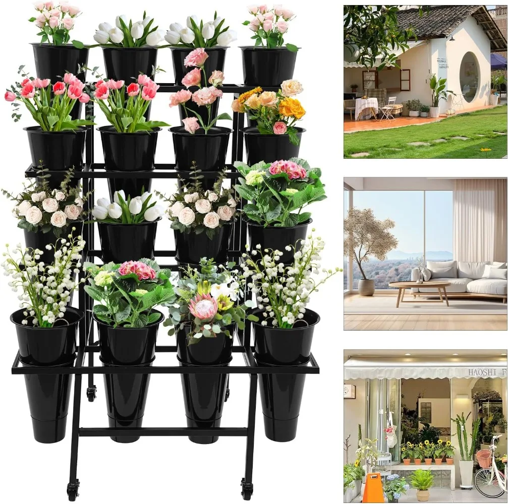 

4 Layers Flower Display Stand 16PCS Buckets Set Metal Plant Stand Flower Shelf Heavy Duty Garden Cart Moving Fresh Flower Rack