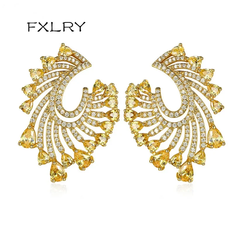 FXLRY High Quality Gold-Color AAA Cubic Zirconia Double U Shaped Open Yellow Water Drop Big Size Stud Earrings For Women Wedding