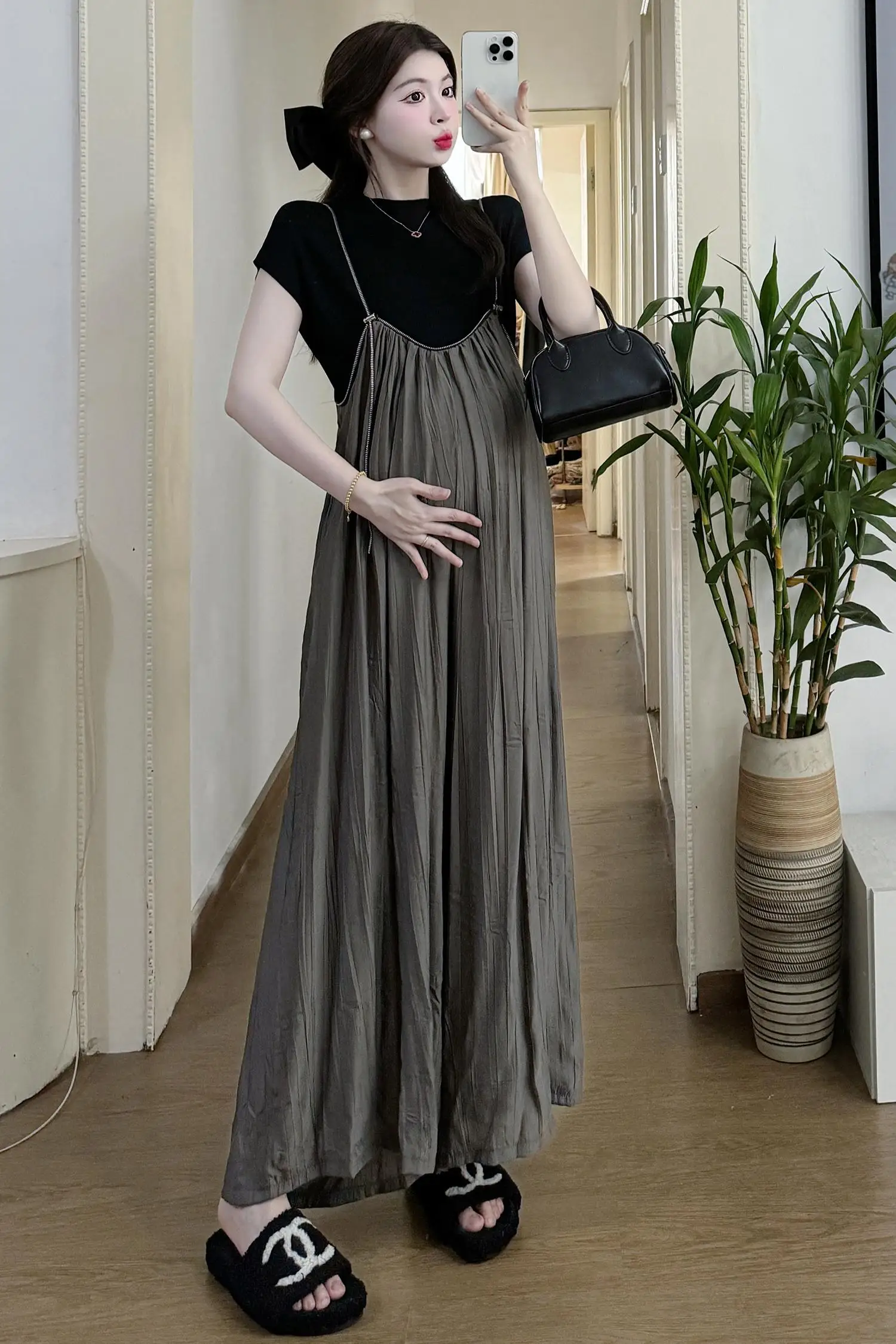 summer maternity clothes set short sleeve top+wide legs pleated strap trousers twinset long loose pregnant woman jumpsuits set