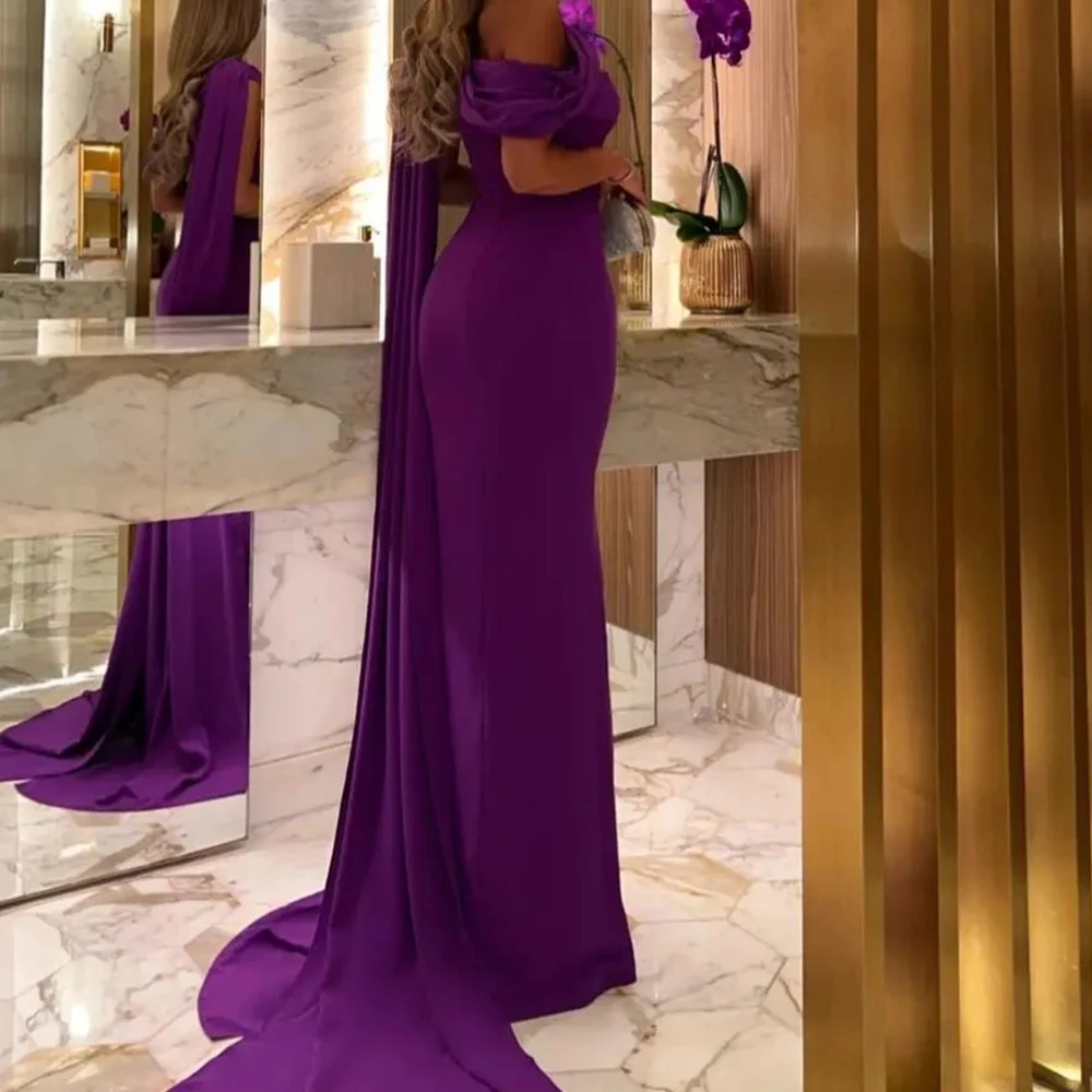 Customized Modern Watteau Train One Shoulder Prom Gowns Temperament Straight Jersey Purple Evening Dresses vestidos de fiesta