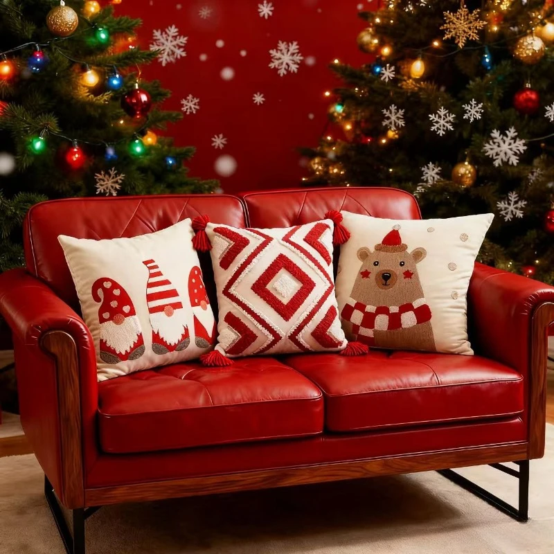 Merry Christmas Cushion Cover Cartoon Embroidery Geometric Diamond Tufting Pillow Covers