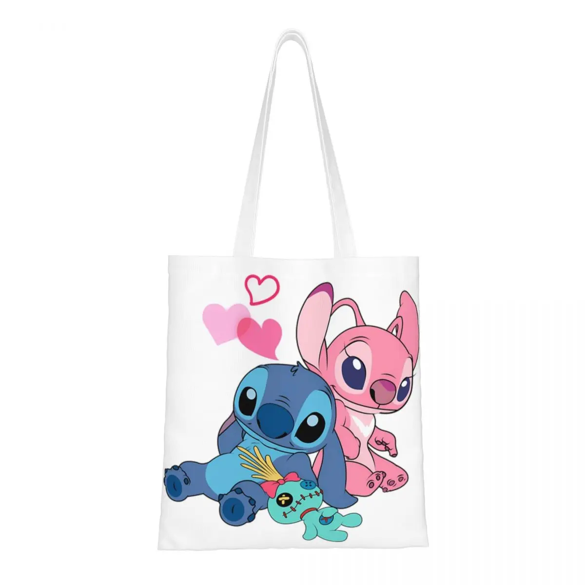 Custom Reusable Stitch And Lilo Stitch Angel Love Shopping Bag Women Canvas Shoulder Tote Bag Washable Grocery Shopper Bags