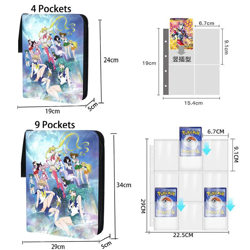 400pcs/900pcs Sailor Moon Card Album Book Folder 4/9 Card Slots Collections Zipper Double Pocket Zipper Card Binder Holder