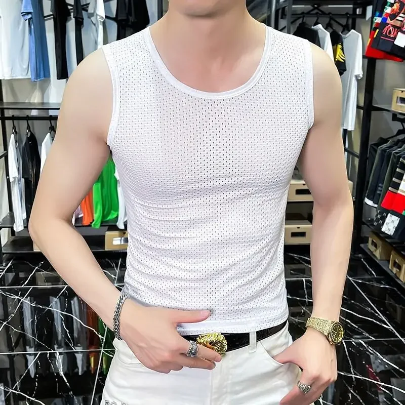 

1 PC Men's Ice Silk Mesh Tank Tops Gym Stringer Transparent Bodybuilding Sleeveless Shirt Fitness Vest Male mesh Muscle Singlets
