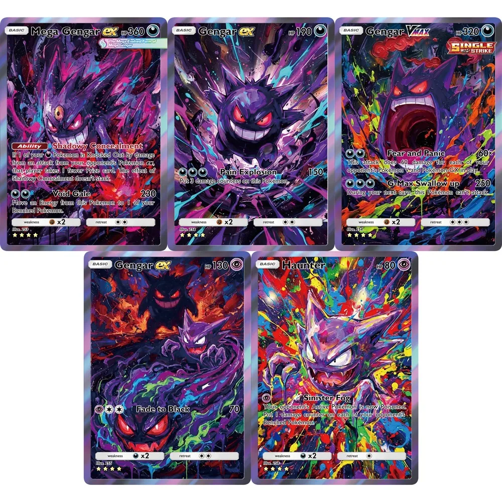 conjunto-de-5-cartas-pokemon-ptcg-gengar-haunter-estilo-aquarela-holo-raras-colecao-criativa-de-cartas-pokemon