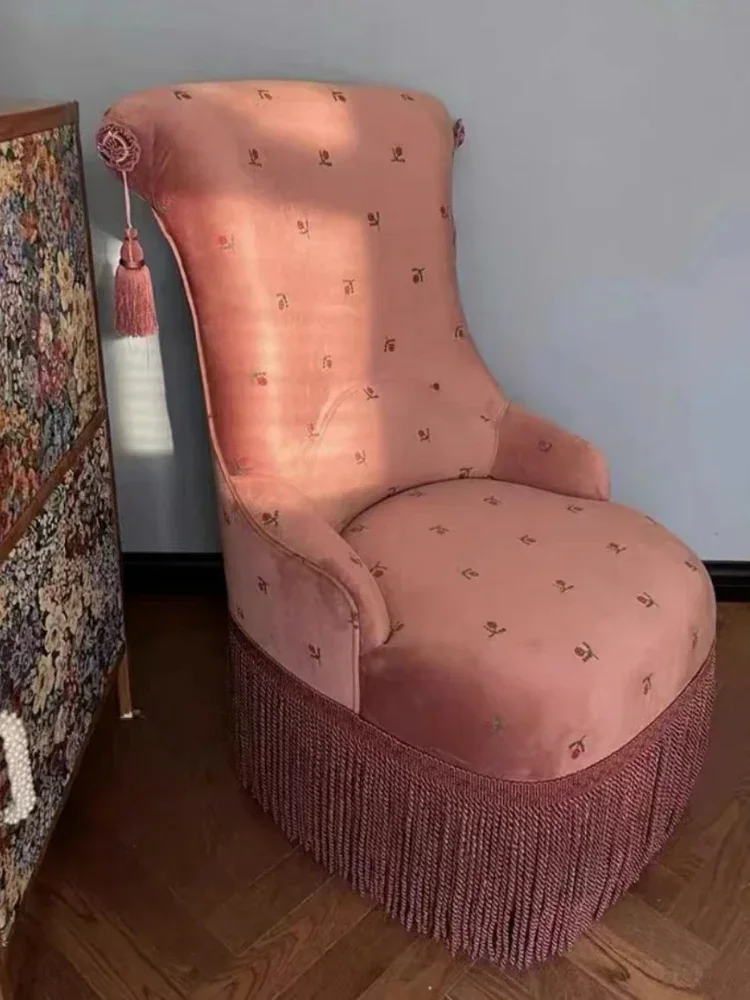 Living room single leather pink sofa chair fringed embroidered rose flower high back