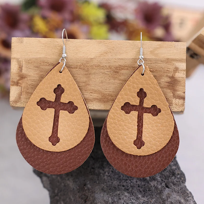 Geometric Hollow Out European Style Double-Sided Cross Charm Mom's Earrings Water Drop Leather Women's Ear Studs