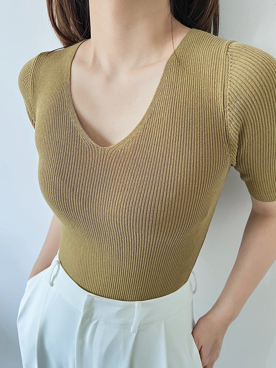 

Mulan Summer Cotton Linen V-ne Mid-sve Versatile Basic Knitted T-irt Crew Ne Base Layer irt K339 Women's Faion