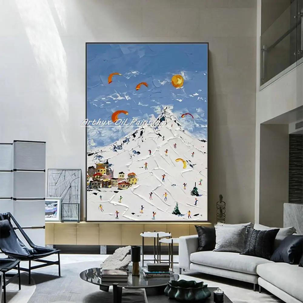 Arthyx Hand-Painted Texture Snow Mountain Oil Paintings On Canvas,Abstract Landscape,Wall Art,Picture For Living Room,Home Decor