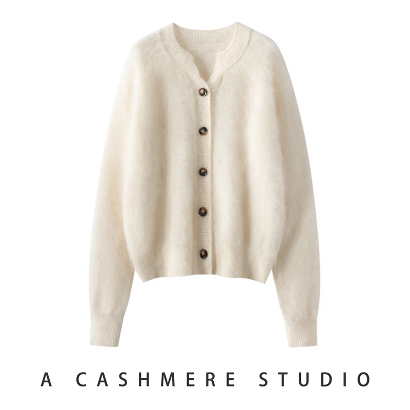 CHICUU Women 100% Cashmere Sweater V-neck Fluffy Brushed Cashmere Cardigan Autumn Winter Luxury Simple Style Cashmere Knitwear