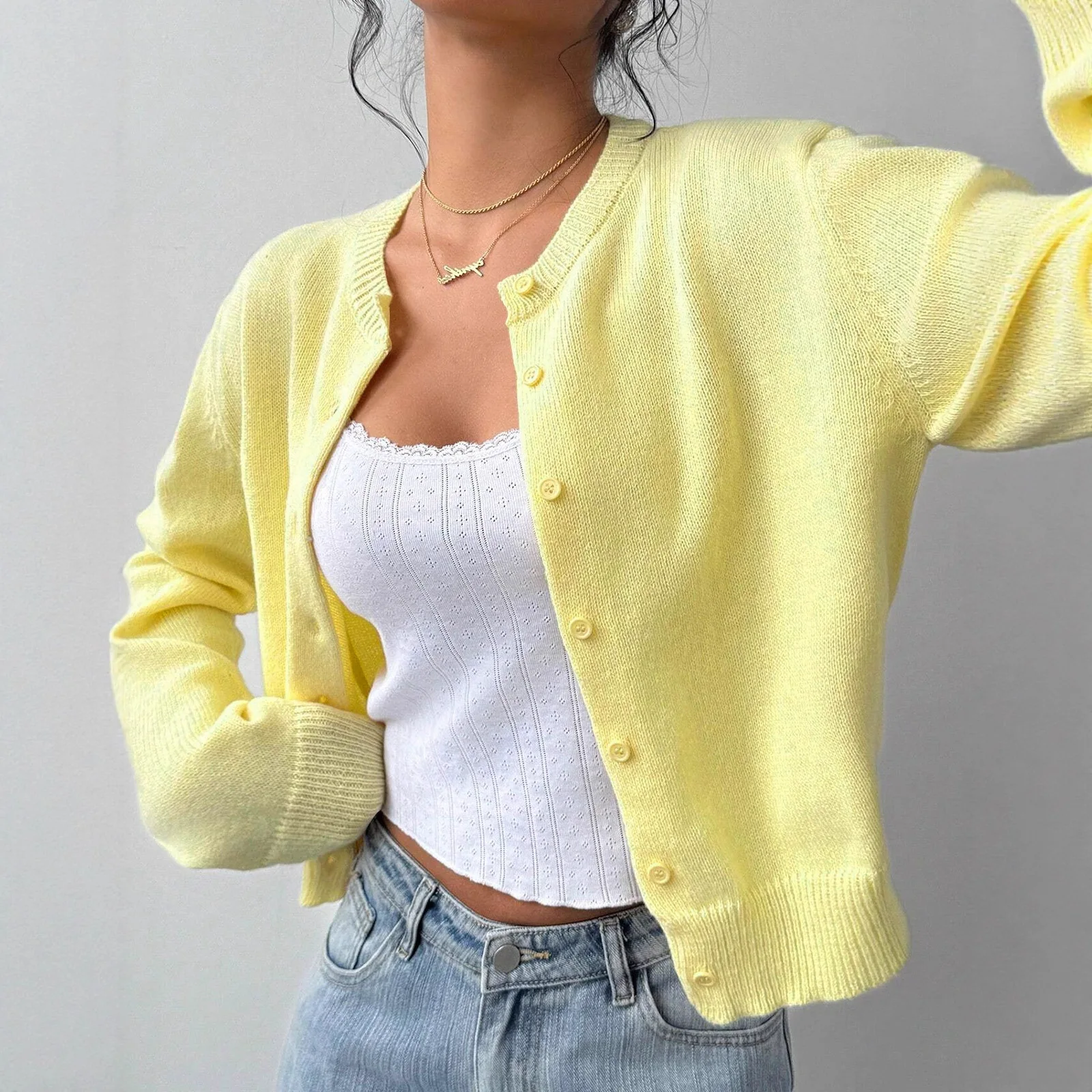 ファイオナブル レディース 薄手 丸首 ロング丈 ボタン付きセーター 通勤 スタイリッシュ コート 無地 その他素材 00%