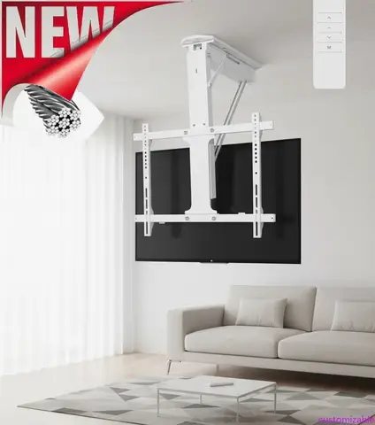 Support TV de plafond motorisé avec télécommande, rabattable pour écrans plats incurvés de 32 à 70 pouces, utilisation intérieure et extérieure