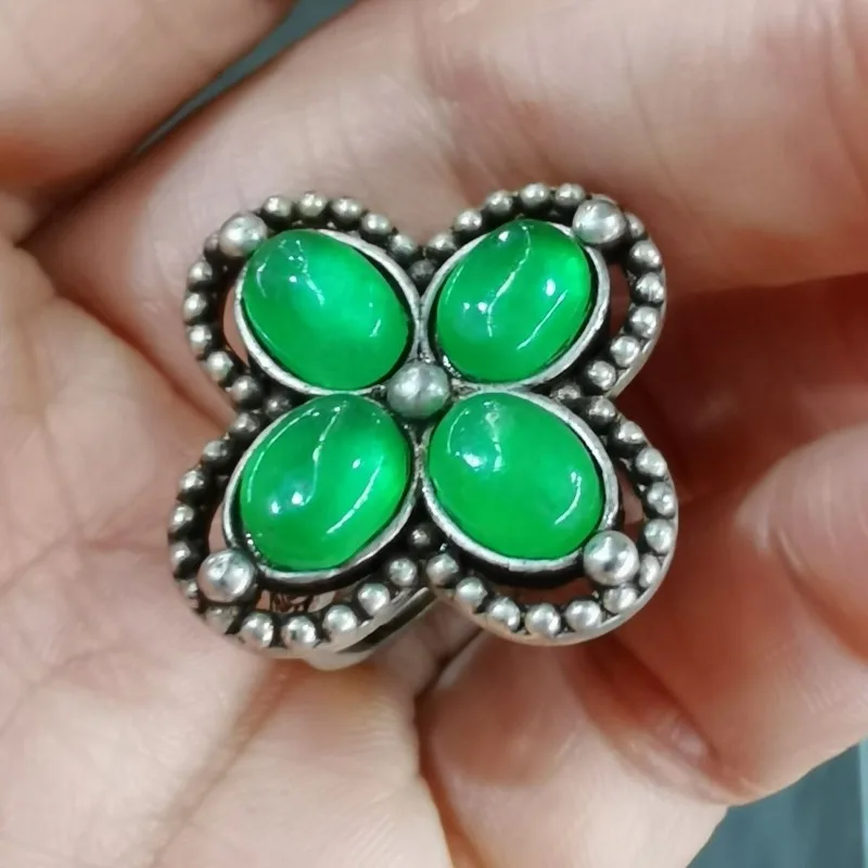 Antique Collectible Old Silver Open Ring, Qing Dynasty Style Jadeite Cabochon Inlay, Retro Ethnic Finger Ring Jewelry