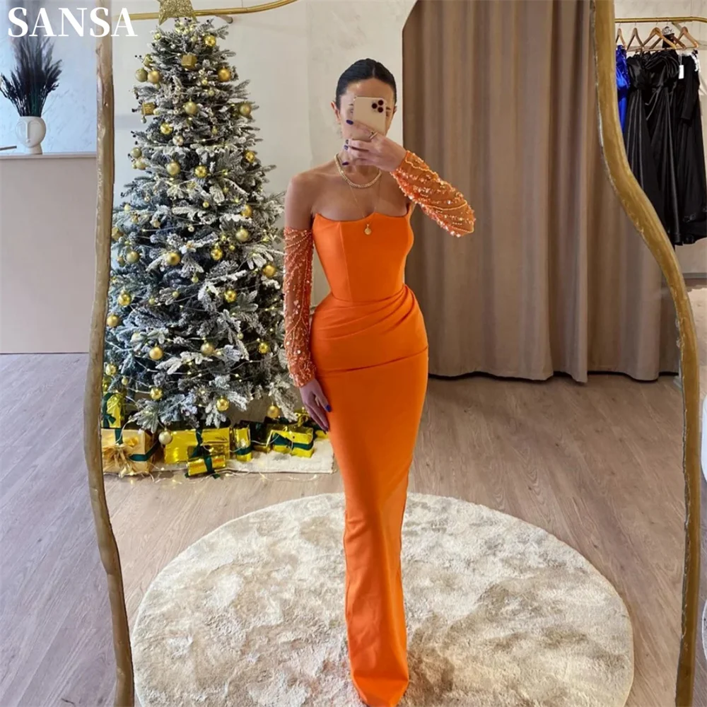 Sansa Formal Orange A-line Satin Evening Dress Off the Shoulder Beading Sleeve Wedding Dresses Floor-Length vestidos de fiesta