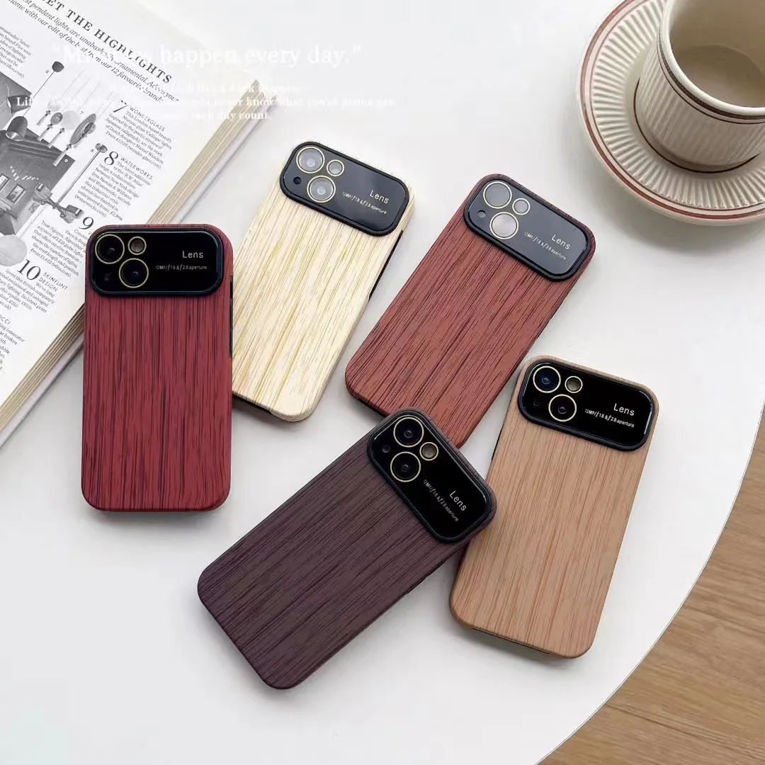 

New wood grain 2-in-1 large window suitable for iPhone 14, 13, 12 phone case, glass lens, 11promax protective cover