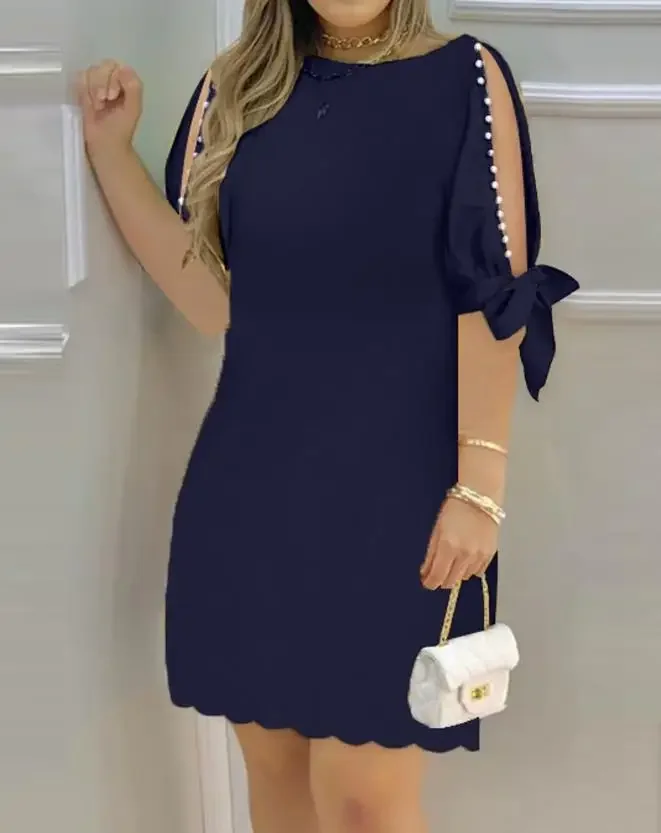 Vestido corto informal de verano para mujer, minivestido de media manga con cuello barco, con perlas decorativas, a la moda, para vacaciones