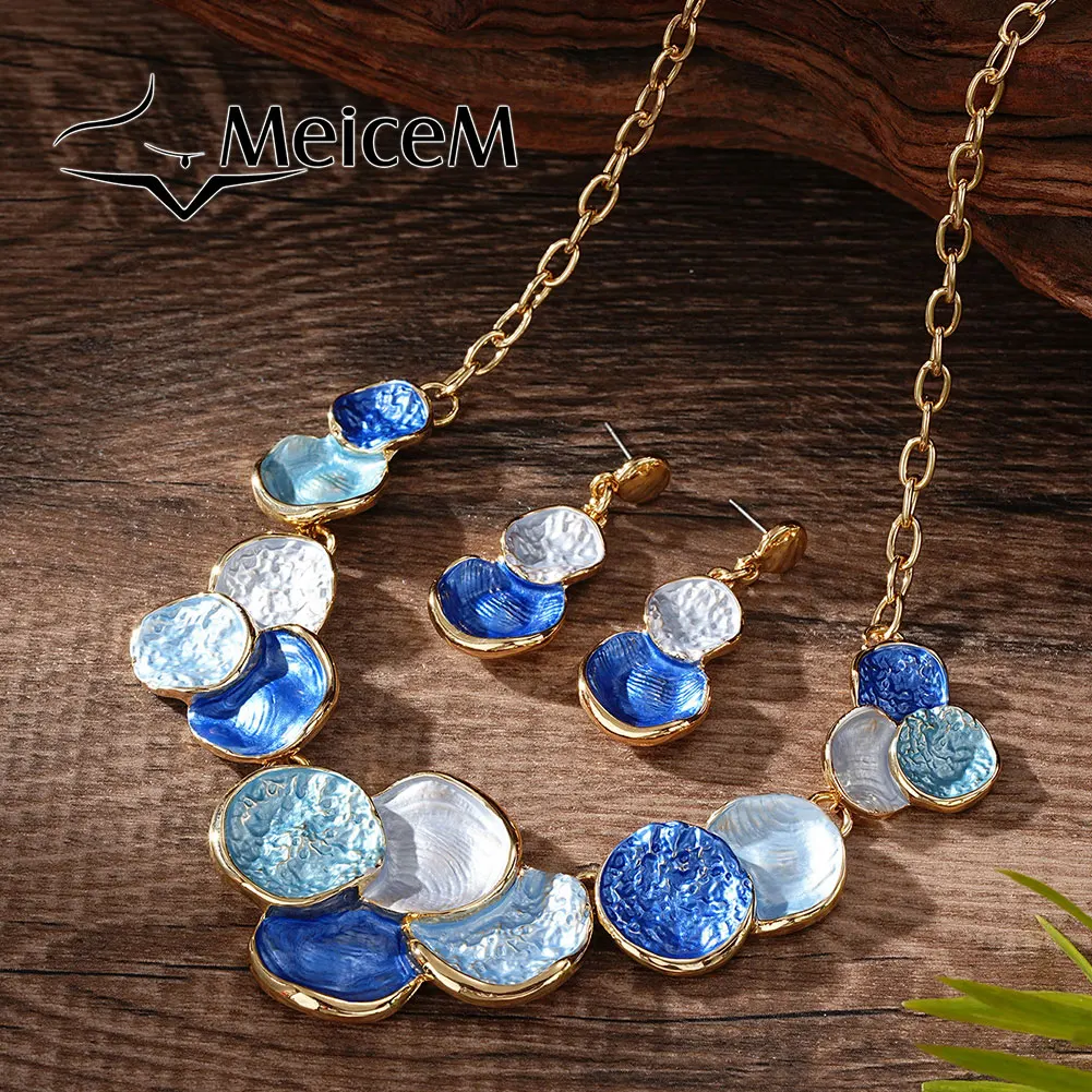 MeiceM Jewelry Sets Vintage Gradient Hammered Ripple Enamel Texture Necklace and Earrings Fashion Women's Jewelry Set for Women