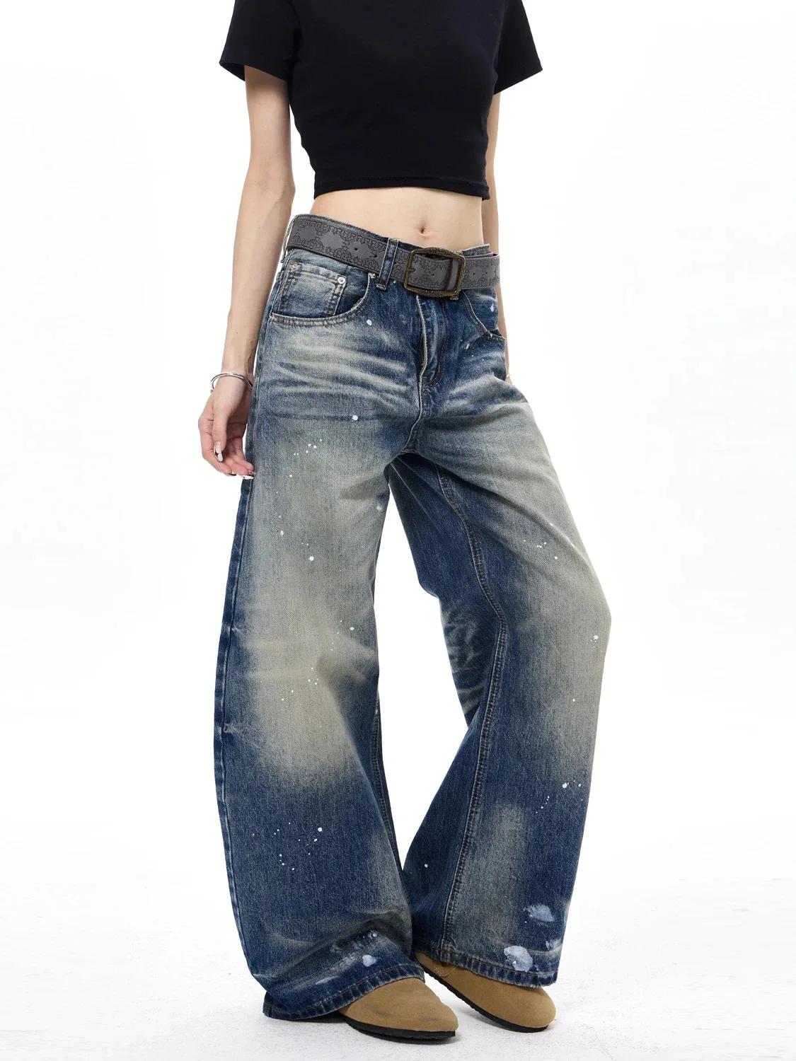 Y2K Unisex Vintage Jeans American Retro High Street Washed Ink Splashed Curved Knife Loose Wide Leg Floor Pants