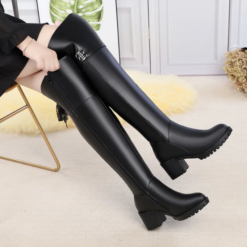 Damskie zimowe kozaki za kolano z wełny i skóry ekologicznej, na średnim obcasie, wysokie, z wełną, kozaki na obcasie.