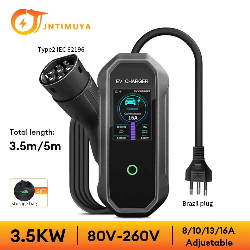 

JNTIMUYA Electric Vehicles Portable Charger 3.5KW Type2 IEC62196-2 16A EVSE BR Plug Charging Controller Wallbox 3.5M For tesla