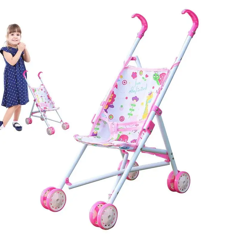 Foldable Kid Stroller With Bottom Basket Pretend Play Toys Simulation Baby Doll Light Stroller Carriage New Year Birthday Gifts