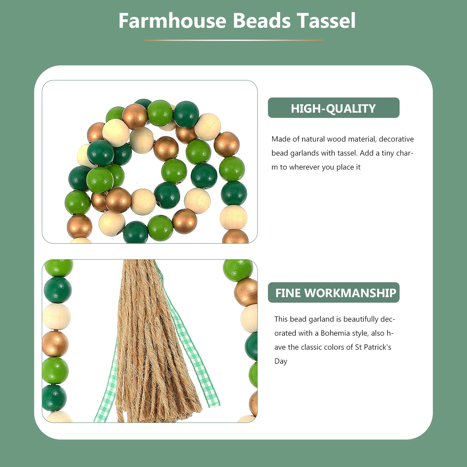 

Wooden Beads Garland St Patrick's Day Tassel Decorative Farmhouse Style Green White Golden Beads Tier Tray Vases Door Handles