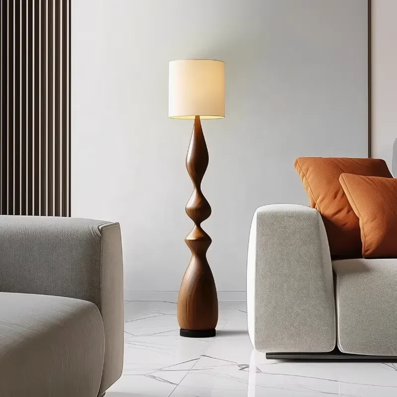 Modern Minimalist Wooden Floor Lamp for Bedroom & Living Room Carved Artistic Base Engraving Ambient Lighting for Sofa Corner