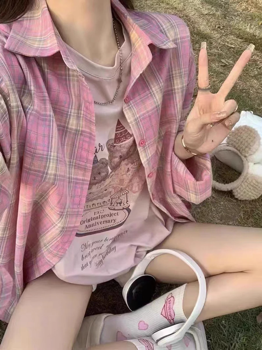 

Sweet Pink Plaid T Shirts Women Autumn Street Preppy Style Button Turn-down Collar Long Sleeve Tops Cute Vintage Y2K Tee Shirt