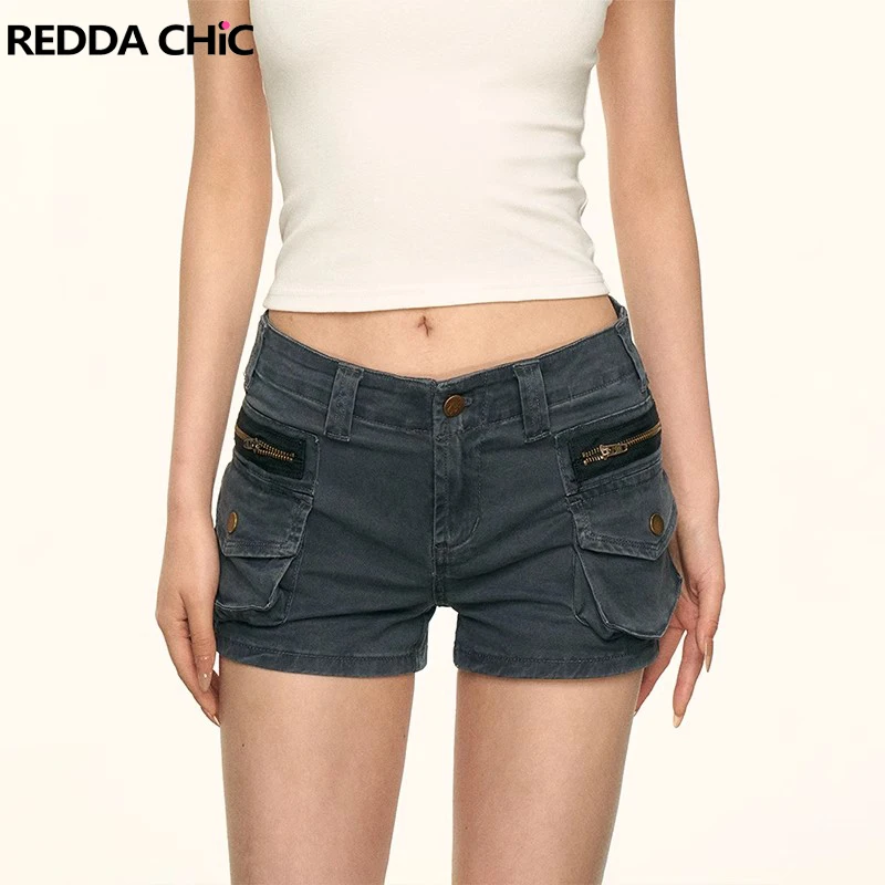 

REDDACHiC Women's Low Rise Denim Shorts Hotties Summer Gray Vintage Wash Slim Fit Pockets Cargo Pants Summer Grunge Streetwear