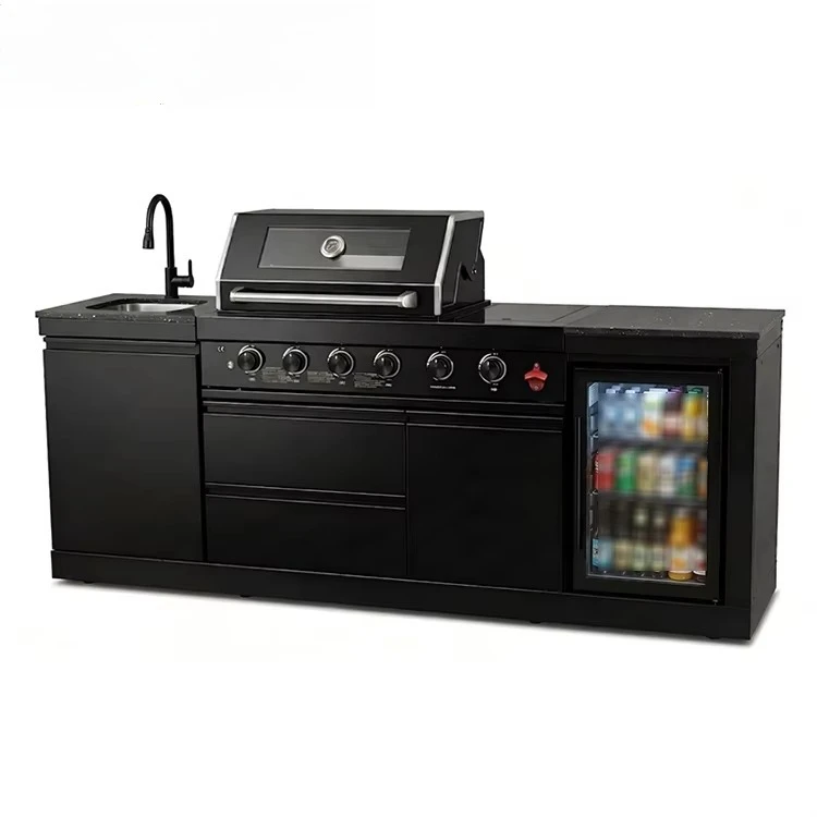 Custom Weatherproof Modular Outdoor Kitchen Set All in One BBQ Cabinet Island Featuring Glass Door Fridge and Practical Sink