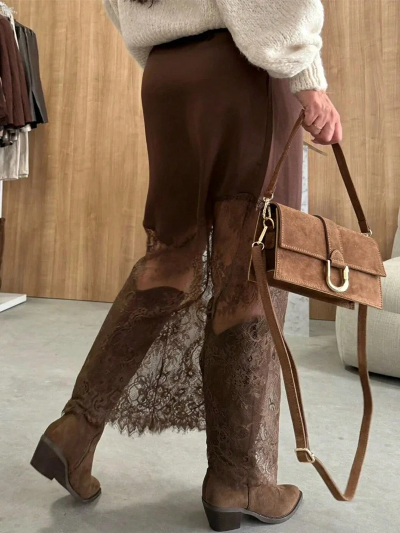 Elegant Spliced Skirt for Women, Satin & Lace Mesh with Eyelash Trim, Elastic Waistband, All-Match Style for Four Seasons, Ideal