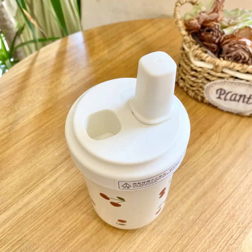 

430/750ml Straw Thermal Cup Cherry Bow Print Stainless Steel Insulated Water Bottle Leak-proof Cold Insulation Travel Coffee Cup