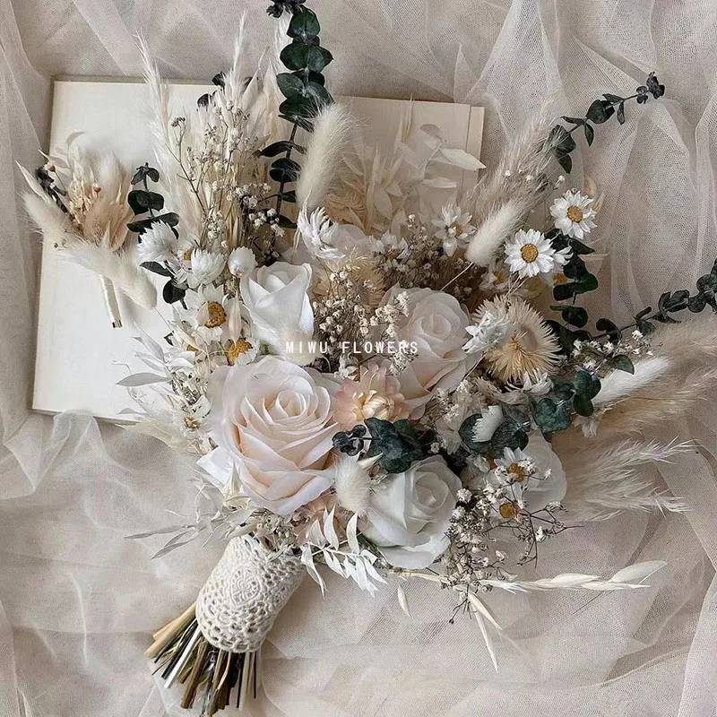 

Natural Dried Flowers Artificial Roses Bridal Bouquet,Silk Flower Wedding Bouquet for Bride Bridesmaids,Home Boho Wedding Decor