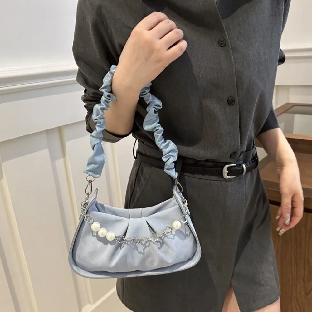 

Solid Color Cloud Shoulder Bag Korean Style PU Leather Pearl Chain Crossbody Bag Single Shoulder Chain Pleated Handbag Ladies